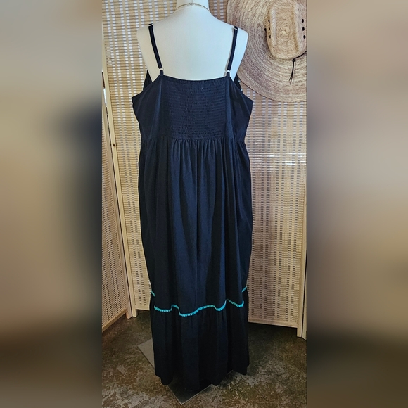 Black Cotton Maxi Dress with Green Geometric Embroidery, Ruffled Hem, Size 3X - Picture 3 of 9